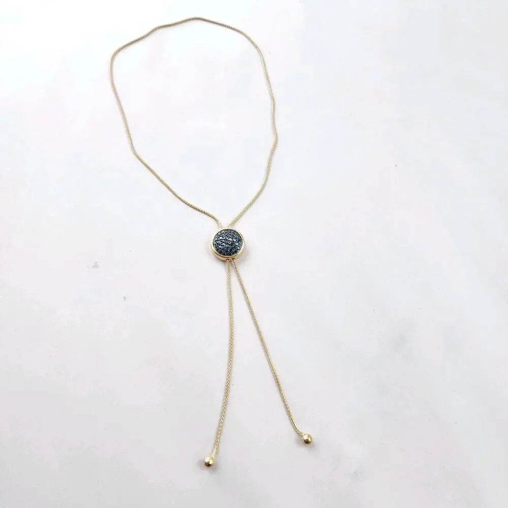 Bellezza lariat necklace ITALY 14KT Gold Plated Vintage Signed NEW Black Crystal